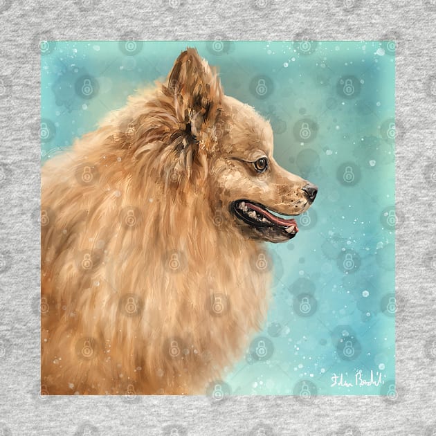 Painting of a Pomeranian Do with Golden Fur on Turquoise Background by ibadishi